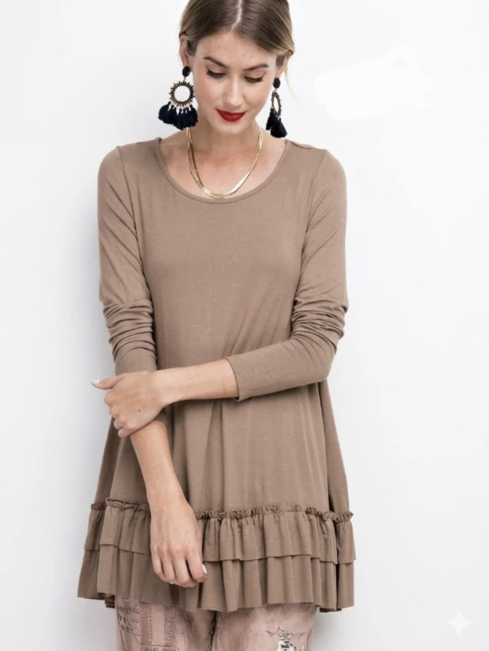 ANDREE BY UNIT Taupe Long Sleeve Ruffle Hem Tunic